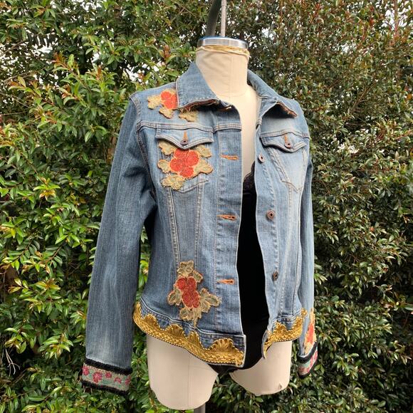 Riders Jackets & Blazers - Vintage Handmade Floral Embellished Women’s Denim Blue Jean Jacket 90s